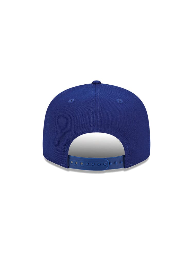 A rear perspective of the blue Los Angeles Dodgers X Alpha X New Era 950 Cap, highlighted by its adjustable strap and emblematic style from the collaboration between New Era and Alpha Industries.