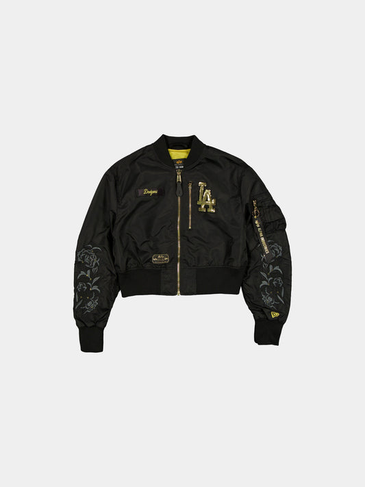 LOS ANGELES DODGERS X ALPHA X NEW ERA L-2B CROPPED BOMBER JACKET WOMENS OUTERWEAR Alpha Industries BLACK/GOLD XS 