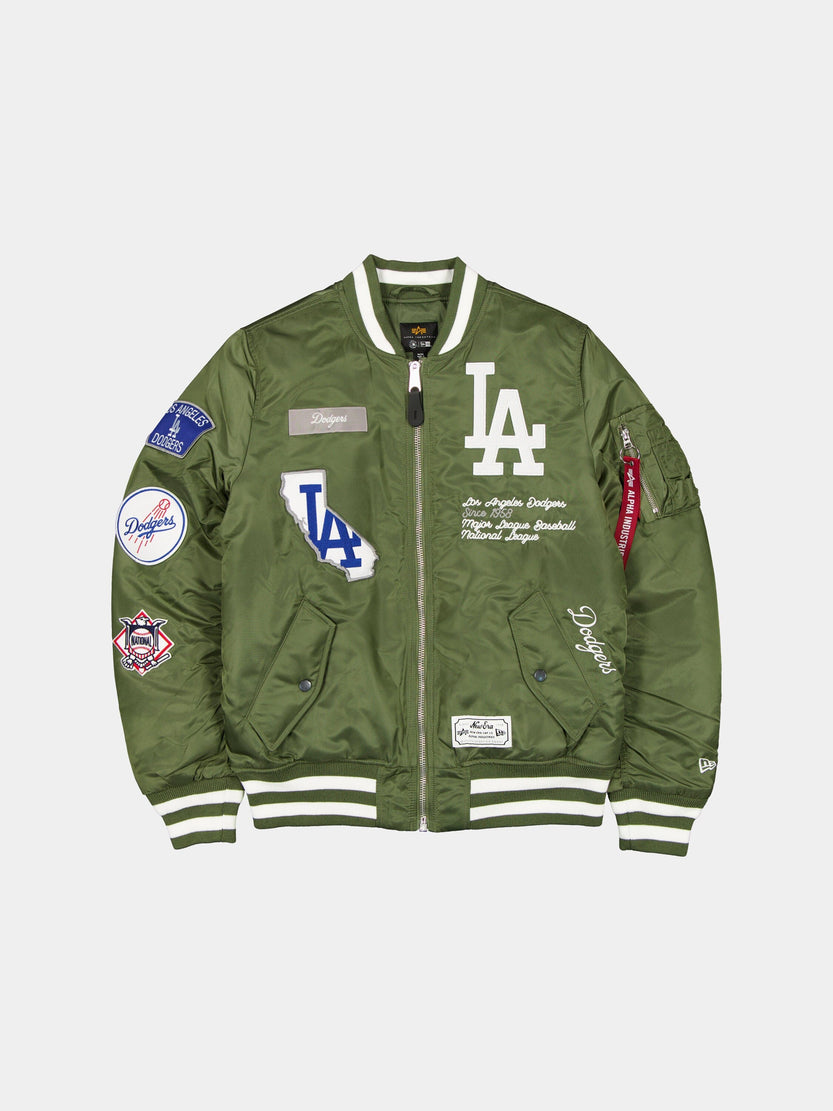 LOS ANGELES DODGES X ALPHA X NEW ERA MA-1 BOMBER JACKET (OLIVE) OUTERWEAR Alpha Industries NEW OLIVE/WHITE S 