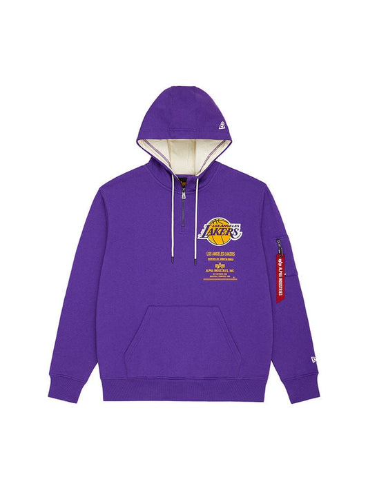 The Los Angeles Lakers x Alpha x New Era Hoodie by Alpha Industries / NE-NBA is a purple heavyweight fleece featuring the team logo on the front, a quarter-zip design, and a custom sleeve pocket for added convenience.
