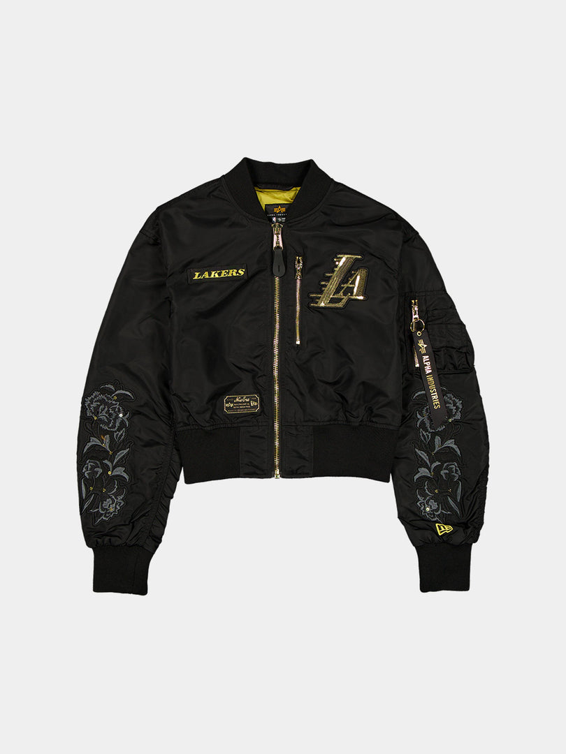 LOS ANGELES LAKERS X ALPHA X NEW ERA L-2B CROPPED BOMBER JACKET WOMENS OUTERWEAR Alpha Industries BLACK/GOLD XS 