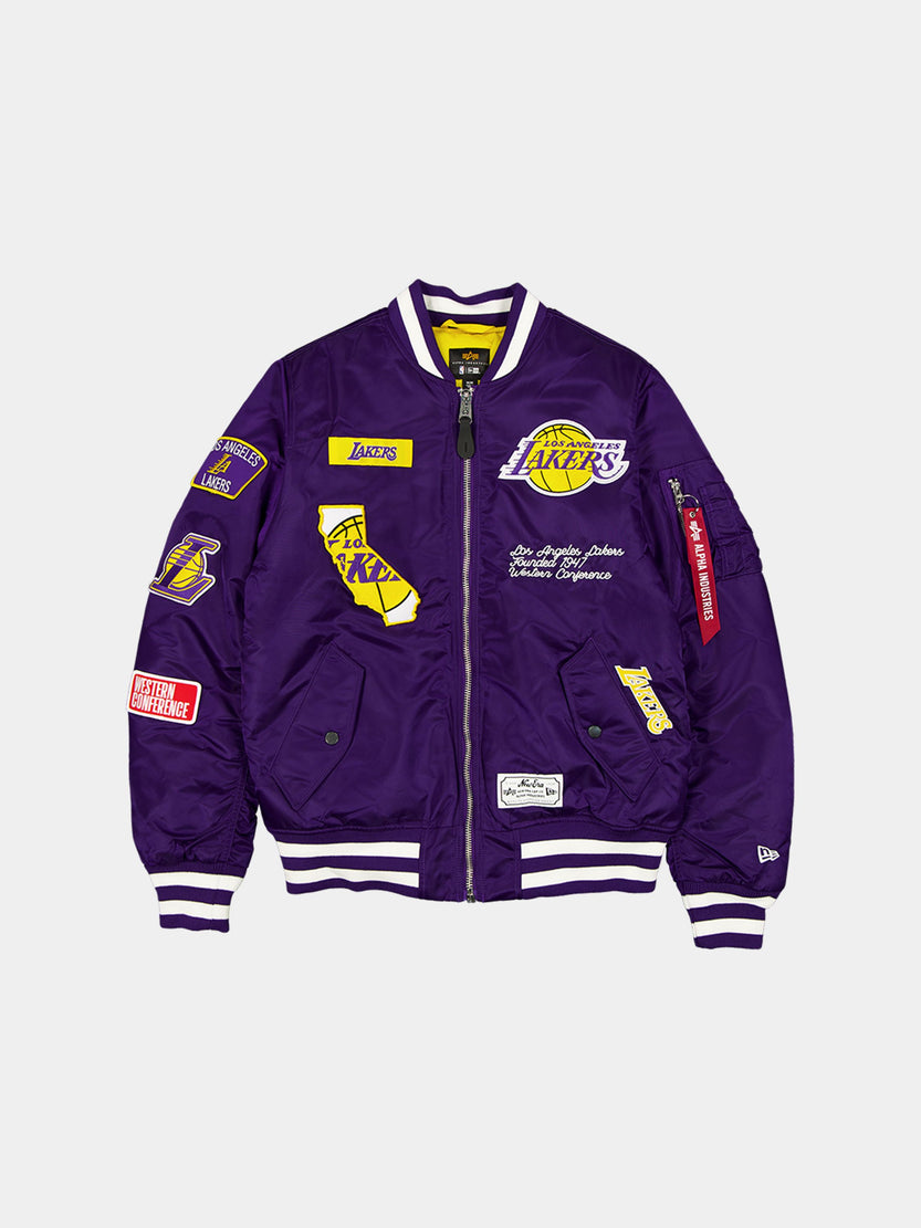 LOS ANGELES LAKERS X ALPHA X NEW ERA MA-1 BOMBER JACKET (PURPLE) OUTERWEAR Alpha Industries PURPLE/WHITE S 