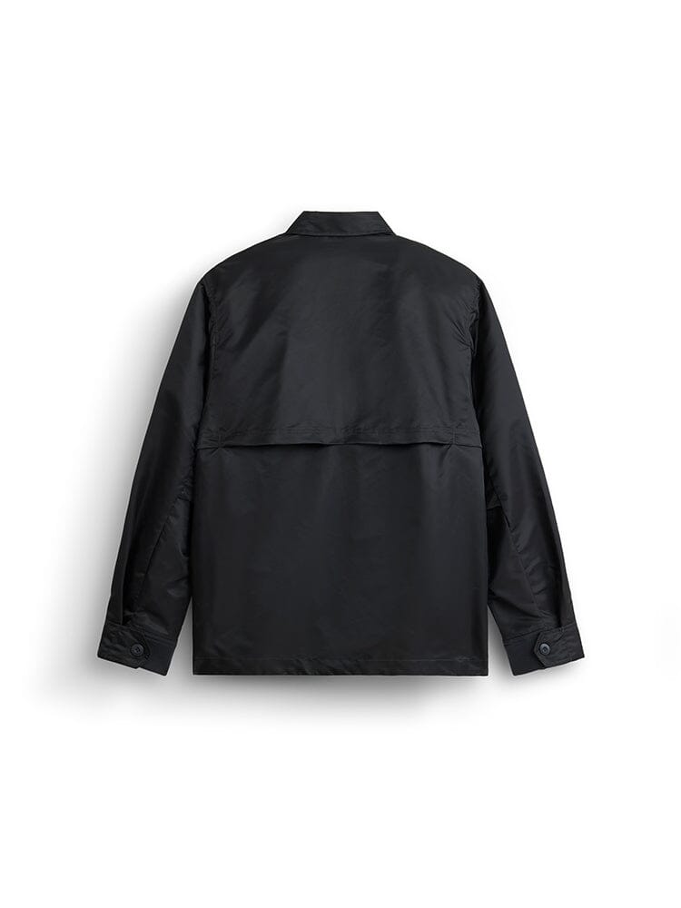 Alpha Industries LS Flight Overshirt, black nylon, long sleeves, collar, buttoned cuffs, back vent.