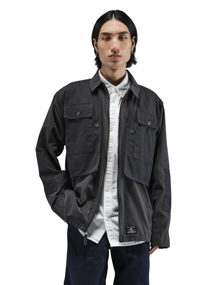 Alpha Industries LS P-44 Overshirt, dark color, large pockets, contrast fabric, white button-up layer, button closure.