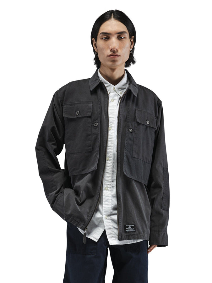 Alpha Industries LS P-44 Overshirt, dark color, large pockets, contrast fabric, white button-up layer, button closure.