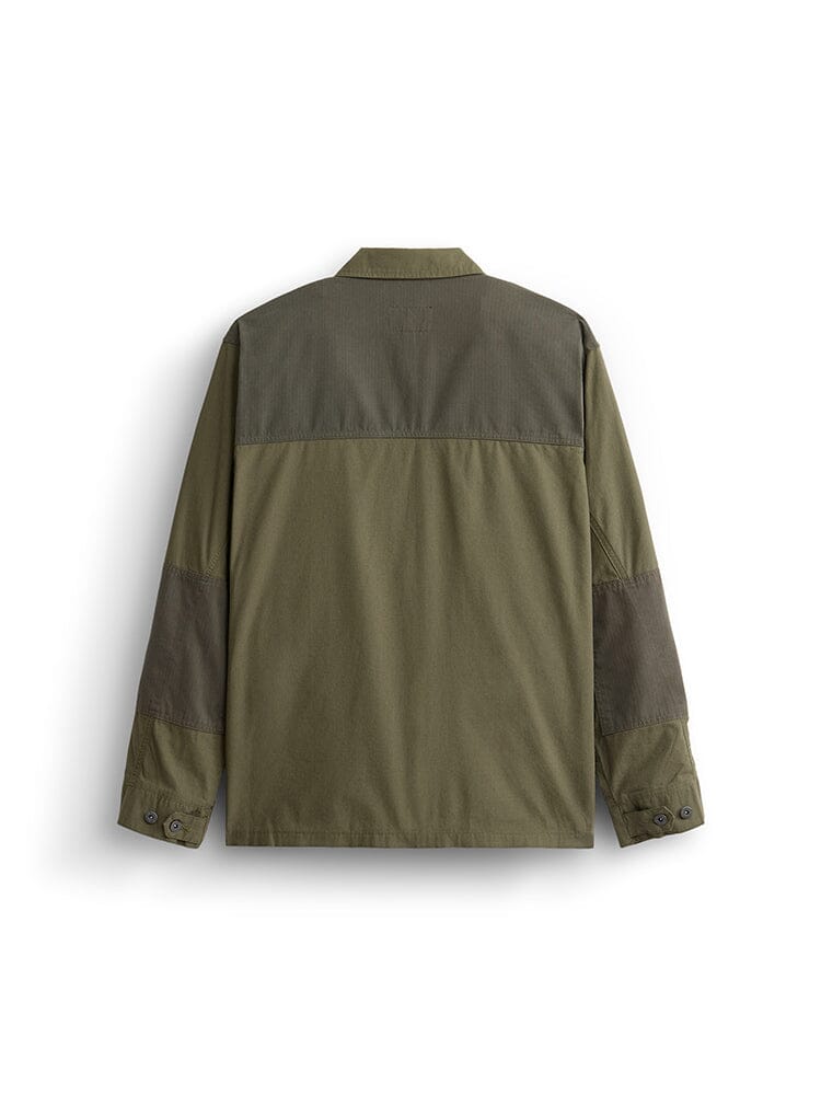 Alpha Industries LS P-44 Overshirt, green with darker green contrast on yoke, collar, and elbow patches, buttoned cuffs.
