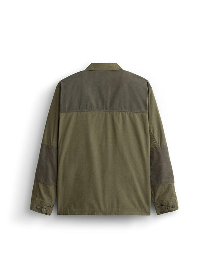 Alpha Industries LS P-44 Overshirt, green with darker green contrast on yoke, collar, and elbow patches, buttoned cuffs.