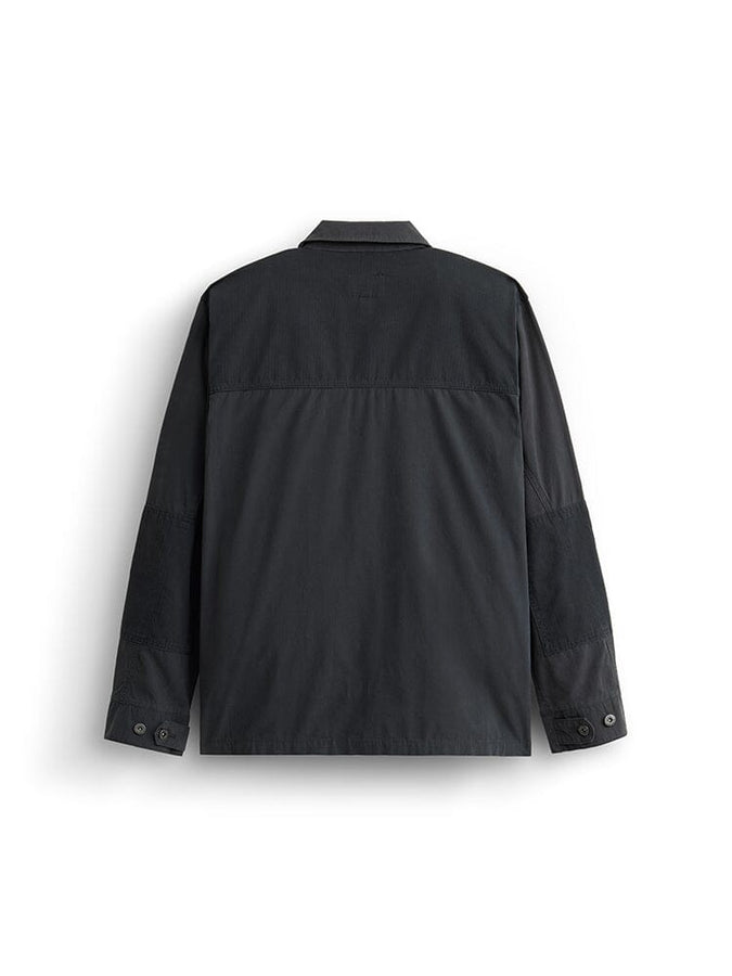 LS P-44 Overshirt by Alpha Industries, black, long-sleeve jacket with collar, buttoned cuffs, outer pockets, and straight hem.