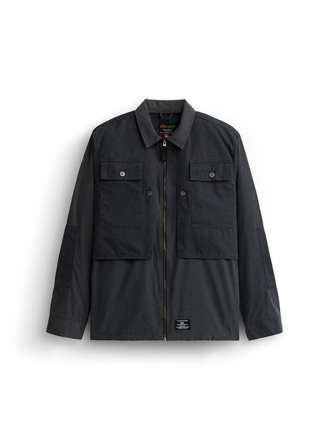 Alpha Industries LS P-44 Overshirt, charcoal, long sleeves, front zipper, USMC P-44–inspired outer pockets, two buttoned chest flap pockets, small label near hem.