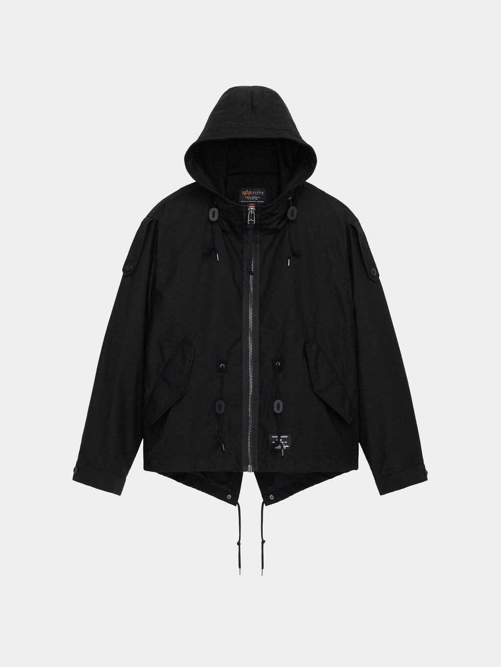 Alpha Industries M-65 Mod Fishtail Field Coat in Black with front zipper, drawstrings at hem and hood, flap pockets, sleeve buttons.
