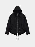 Alpha Industries M-65 Mod Fishtail Field Coat in Black with front zipper, drawstrings at hem and hood, flap pockets, sleeve buttons.