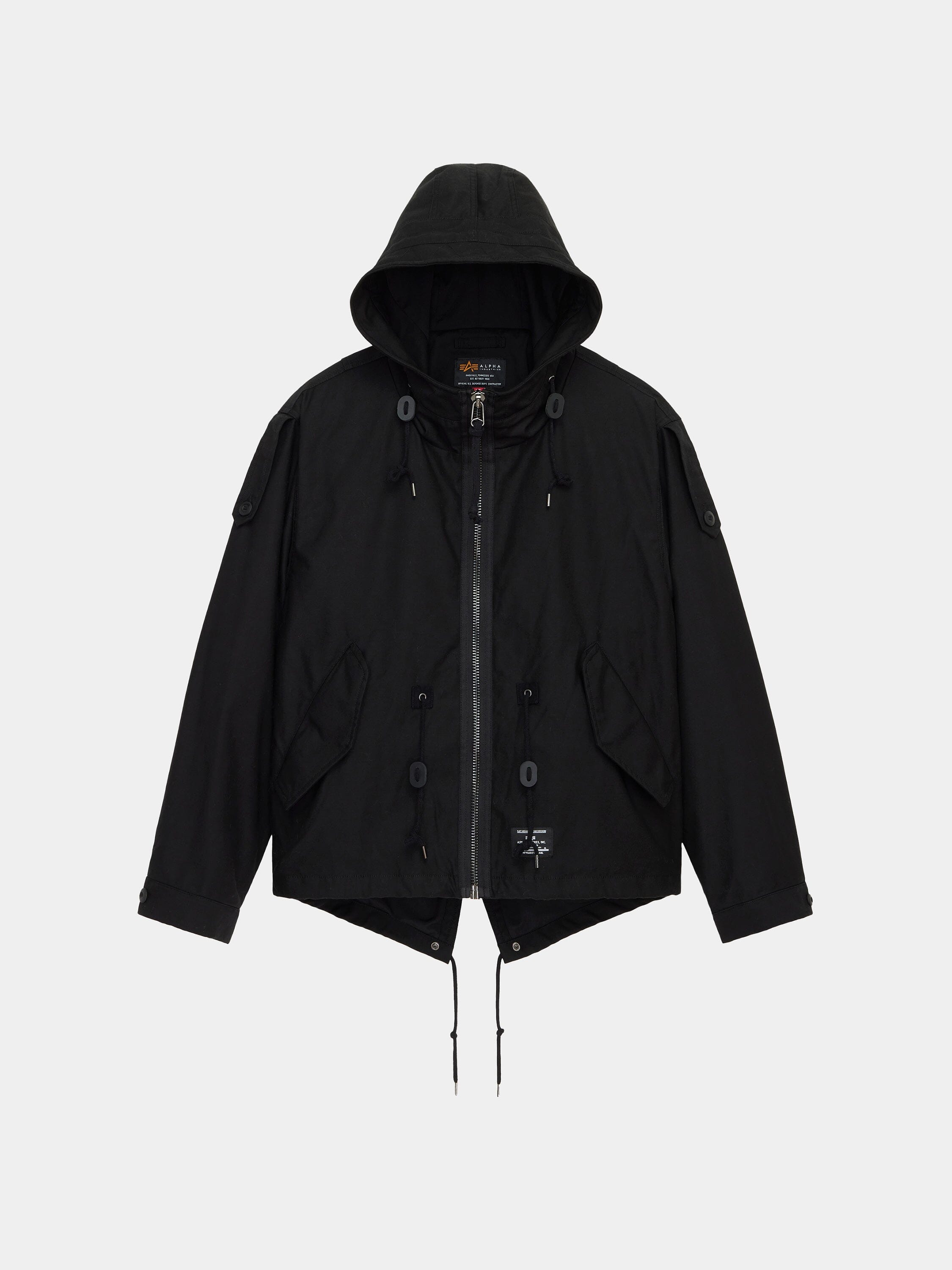 Alpha Industries M-65 Mod Fishtail Field Coat in Black with front zipper, drawstrings at hem and hood, flap pockets, sleeve buttons.