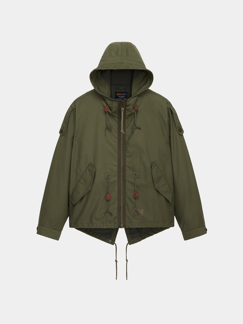 Alpha Industries M-65 Mod Fishtail Field Coat in Og-107 Green with hood, front zipper, drawstrings, front flap pockets, button details.