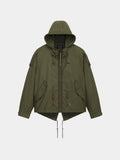 Alpha Industries M-65 Mod Fishtail Field Coat in Og-107 Green with hood, front zipper, drawstrings, front flap pockets, button details.