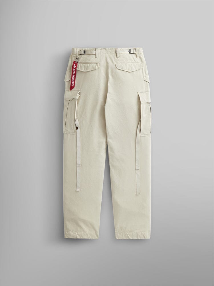 Alpha Industries M-65 Pant, army green, utility pockets, back flap pockets, long straps, red tag on belt loop.