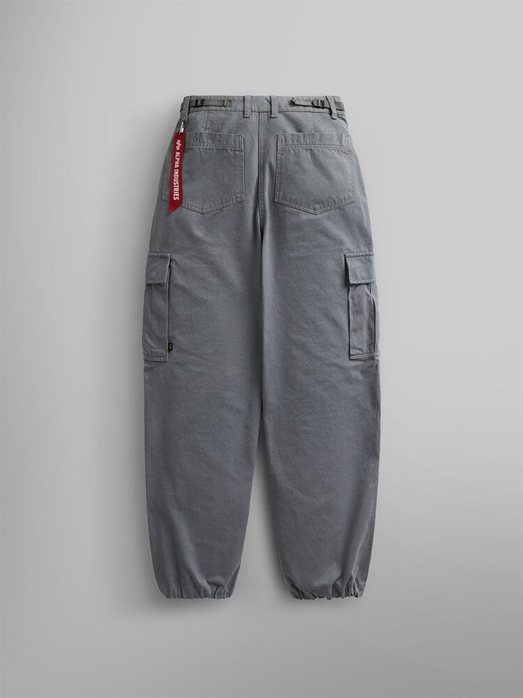 Alpha Industries Womens M-65 Cargo Pant in Aircraft Gray with elastic cuffs, back and side pockets, and a red keychain on the belt loop.