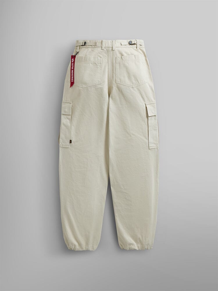Alpha Industries Womens M-65 Cargo Pant in Limestone, back and side pockets, elastic cuffs, red tag on right back pocket, MA-1 inspired design.