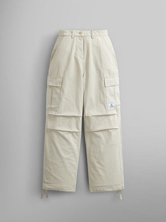 Alpha Industries Womens M-65 Cargo Pant in Limestone, side pockets, button-zip closure, logo patch, drawstring hems.