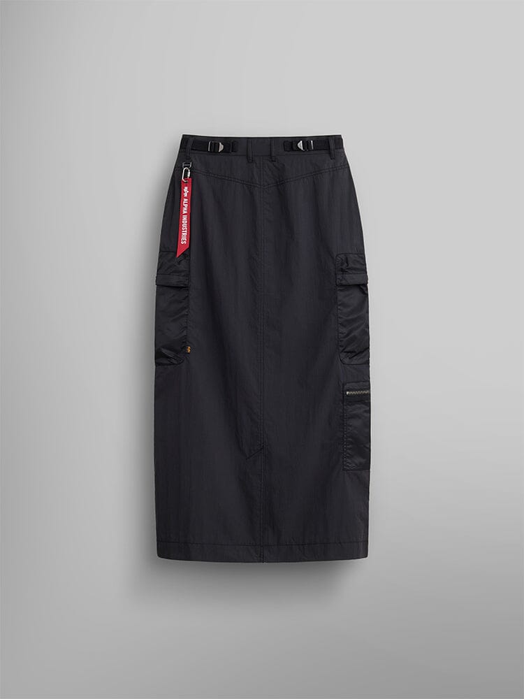 The Women's M-65 Skirt by Alpha Industries is a black military-style midi cargo skirt featuring an adjustable waistband and multiple cargo pockets, highlighted by a striking red tag detail.
