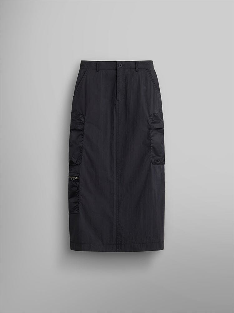 The Women's M-65 Skirt by Alpha Industries in black, a high-waisted cargo skirt that reaches knee-length. It features side cargo pockets and a button closure along with an adjustable waistband.