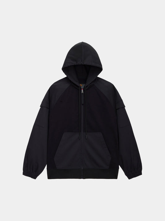 Alpha Industries M-65 Zip Up Hoodie in Black with front pocket, elastic cuffs, and cotton-poly blend.