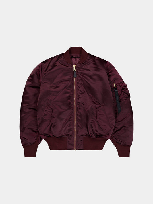Alpha Industries MA-1 jacket in dark cherry with front zipper, ribbed cuffs and hem, two side pockets, zippered sleeve pocket.