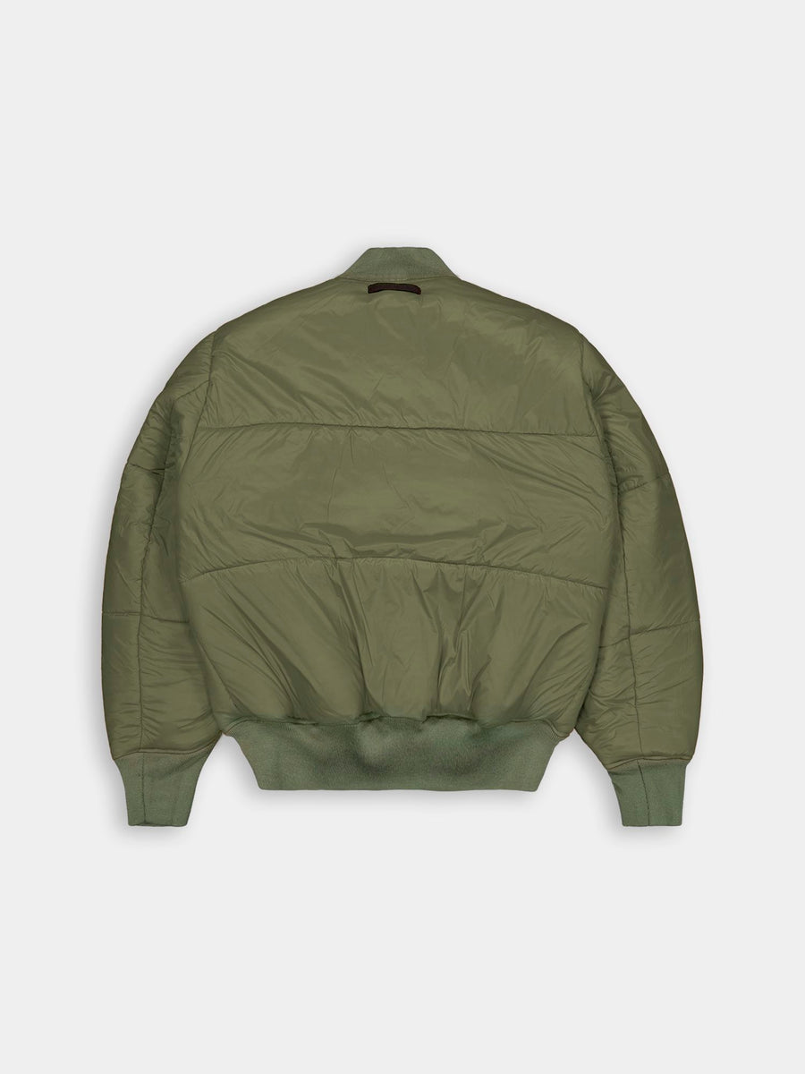 Alpha Industries MA-1 3M Flight Jacket, green puffer with ribbed cuffs and waistband, short collar.