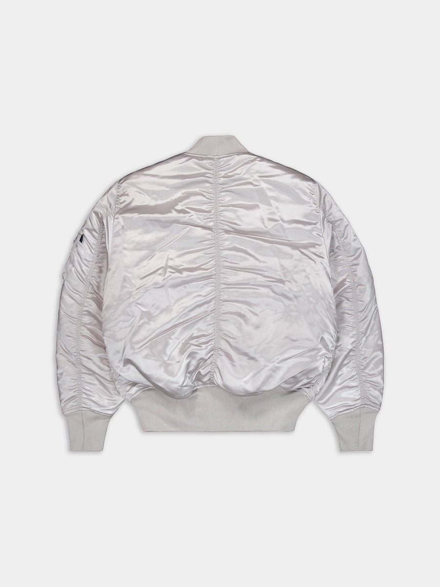 Alpha Industries MA-1 Jacket Silver Satin Ribbed Cuffs Hem Collar Ruched Back Seam.