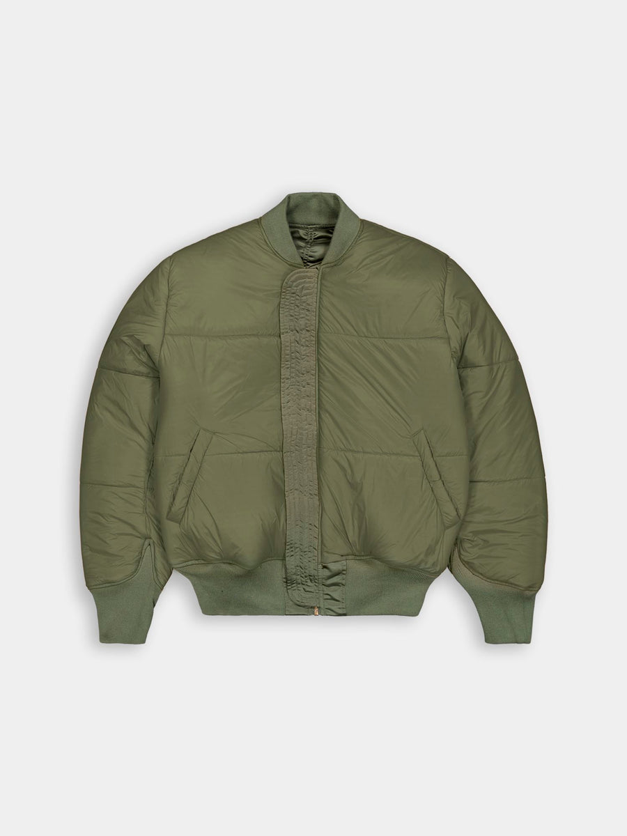 Alpha Industries MA-1 3M Flight Jacket, olive green, ribbed cuffs, collar and hem, front pockets, concealed zipper.