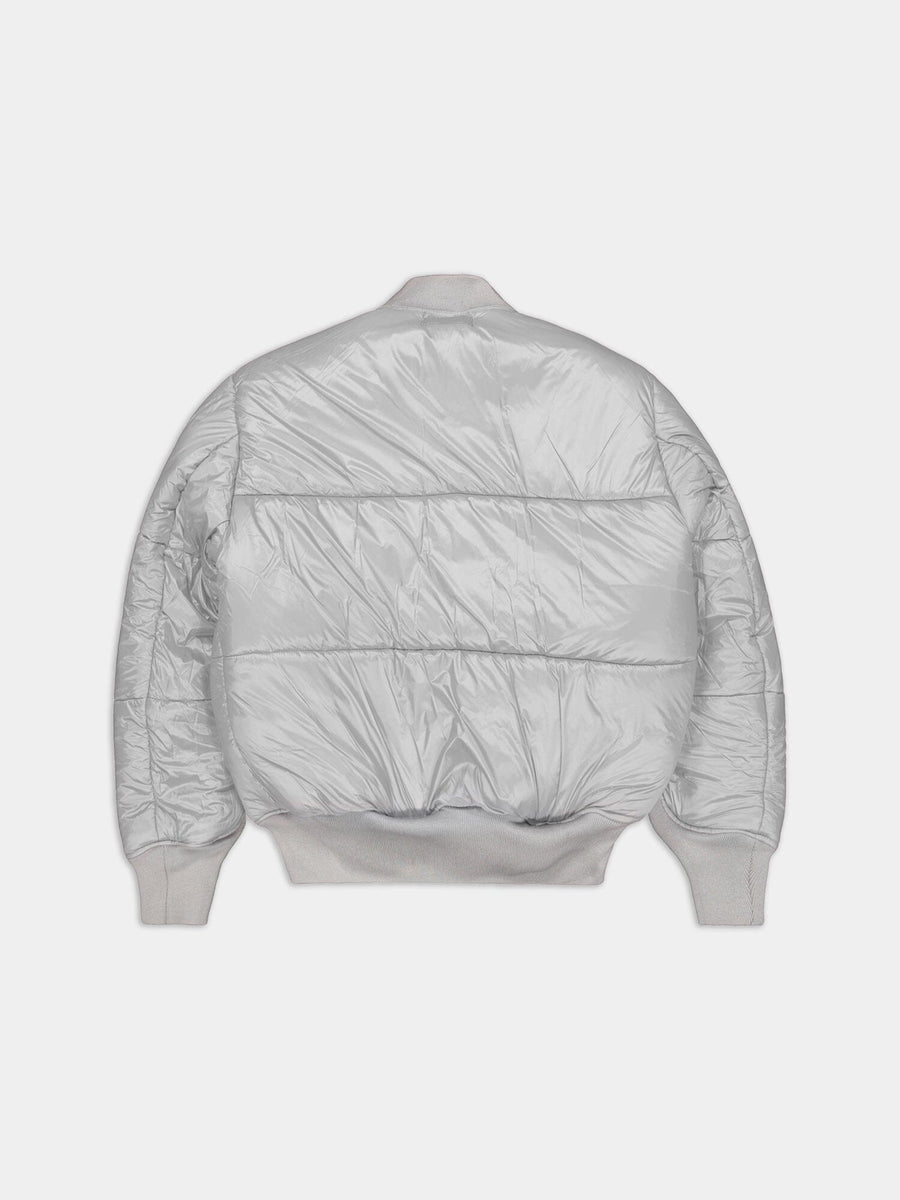 Alpha Industries MA-1 3M Flight Jacket, light gray, quilted design, ribbed cuffs, collar, waistband.