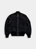 Alpha Industries MA-1 3M Base Flight Jacket in black with front zipper, ribbed cuffs and hem, two front pockets, zippered sleeve pocket.