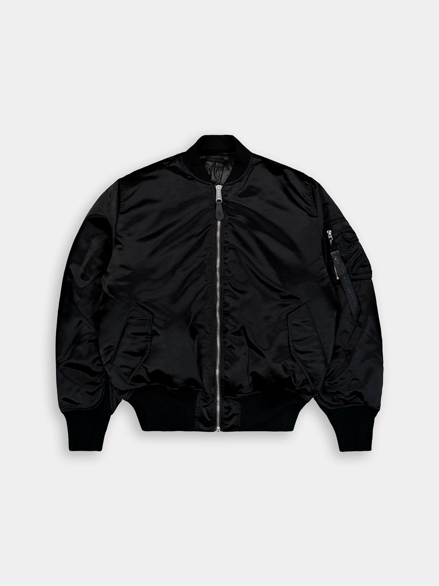 Alpha Industries MA-1 3M Flight Jacket Black, front zipper, side pockets, zippered sleeve pocket.