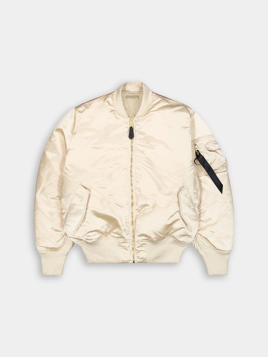 Alpha Industries MA-1 3M Flight Jacket, cream satin, front zipper, ribbed cuffs and hem, two front pockets, sleeve pocket with black pull tab.