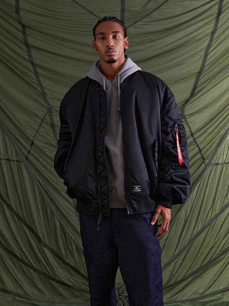 Alpha Industries MA-1 Bloodchit Gen Ii Bomber Jacket, green, oversized, zip closure.