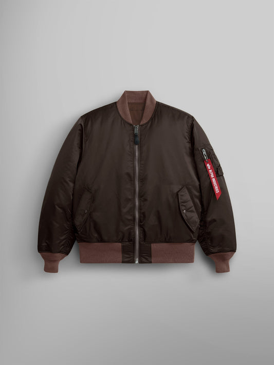 Alpha Industries MA-1 Bomber Jacket, chocolate, front zipper, two side pockets, ribbed cuffs and hem, red sleeve tag, classic military design details, water-resistant fabric.