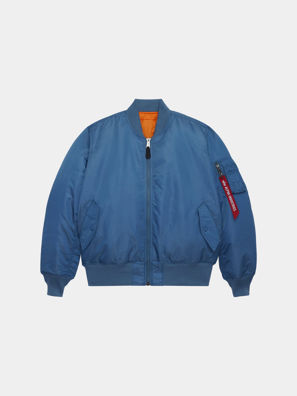 Alpha Industries MA-1 Bomber Jacket with front zipper, ribbed cuffs and hem, two front pockets, sleeve red tag, orange lining.
