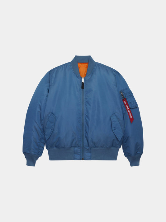 Alpha Industries MA-1 Bomber Jacket with front zipper, ribbed cuffs and hem, two front pockets, sleeve red tag, orange lining.