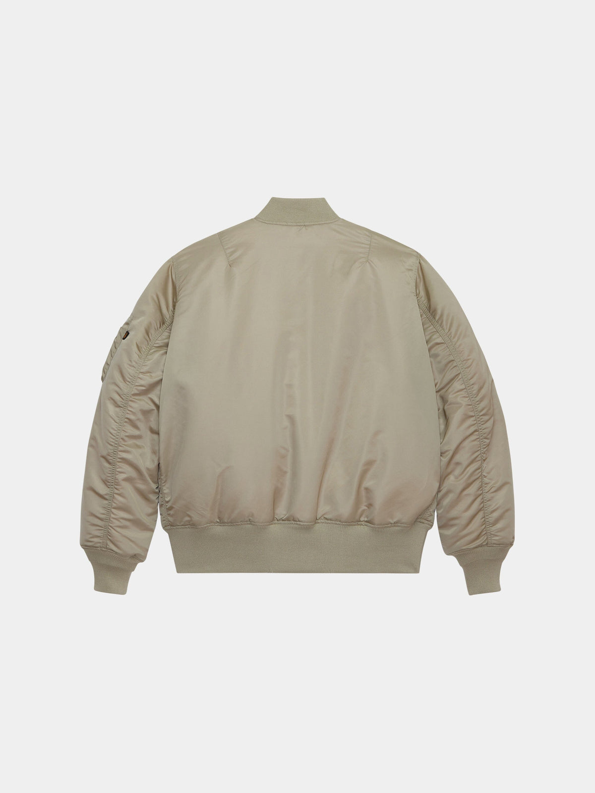 Alpha Industries MA-1 bomber jacket in khaki with ribbed cuffs, waistband, collar, and a sleeve zip pocket.