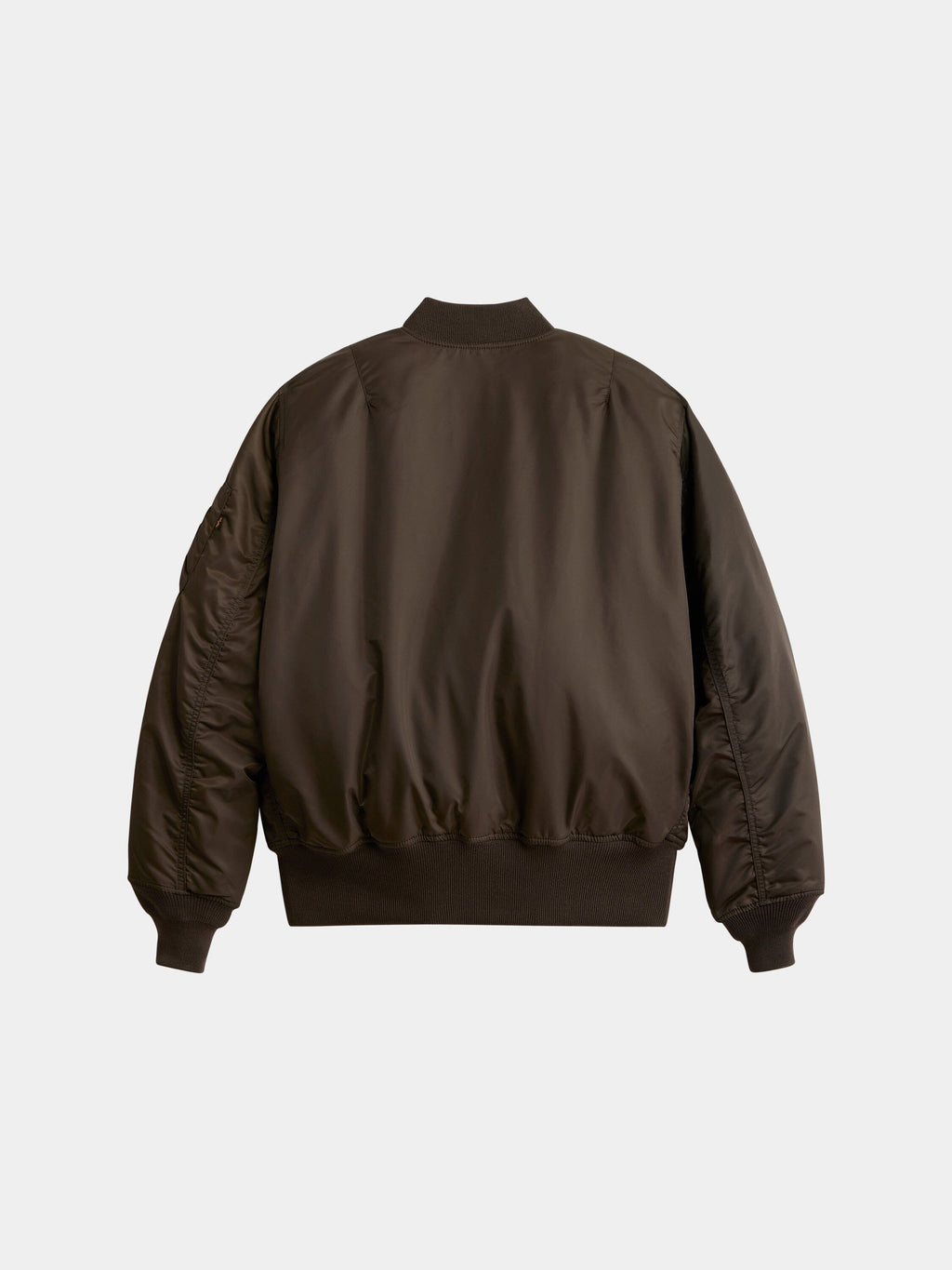 Alpha Industries MA-1 Bomber Jacket in dark brown with ribbed cuffs, collar, and hem; plain design, no visible logos or decorations.