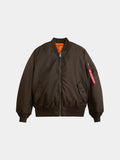 MA-1 Bomber Jacket by Alpha Industries in espresso with front zipper, ribbed cuffs and hem, orange lining, and red sleeve tag.