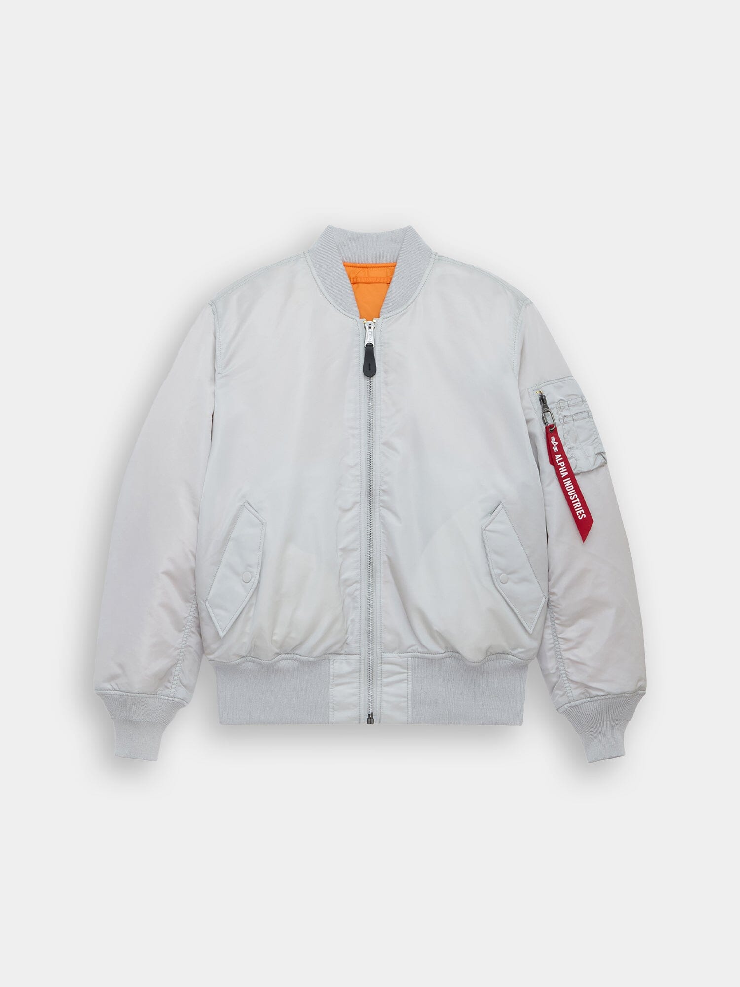 Alpha Industries MA-1 Bomber Jacket in light gray with ribbed cuffs and hem, front zip, angled pockets, red sleeve tag, orange lining.