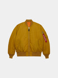MA-1 Bomber Jacket by Alpha Industries in mustard yellow fabric with front pockets, ribbed cuffs and hem, orange lining, red sleeve tag.