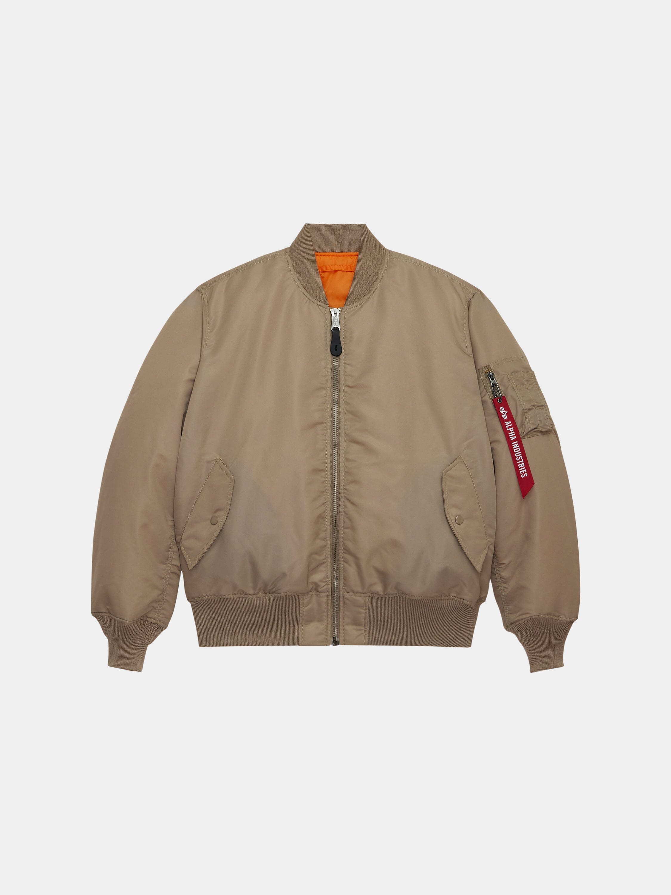 Alpha Industries MA-1 Bomber Jacket in Vintage Khaki with ribbed cuffs and hem, front snap pockets, zippered arm pocket, orange lining.