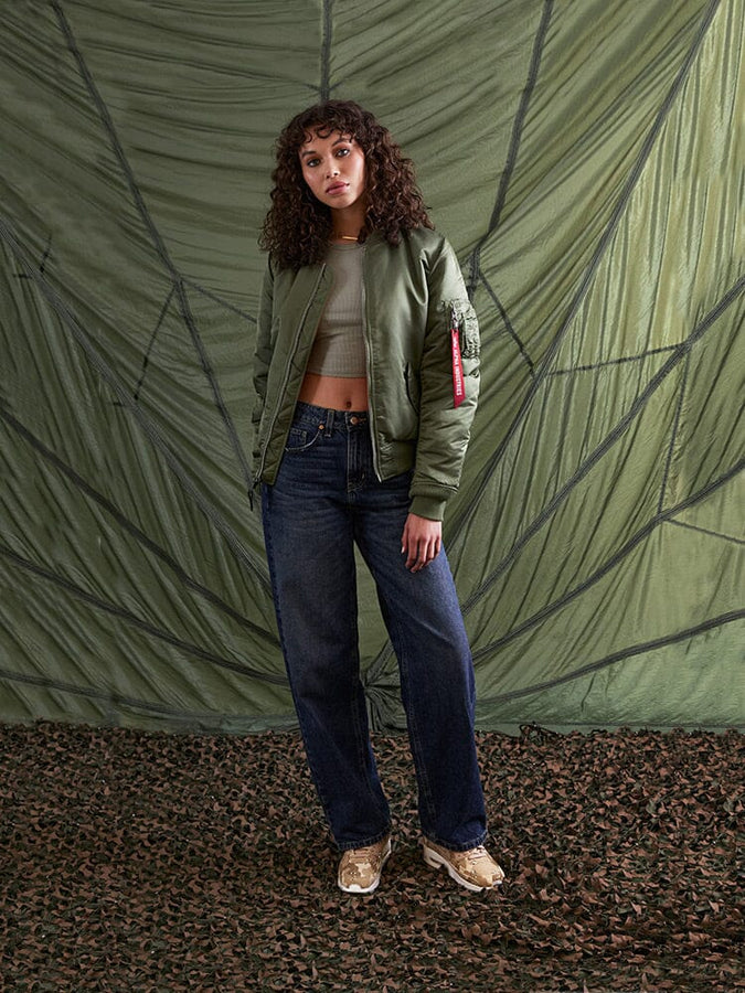 Alpha Industries MA-1 Bomber Jacket W in Green, nylon material, ribbed cuffs and hem, front zipper closure.