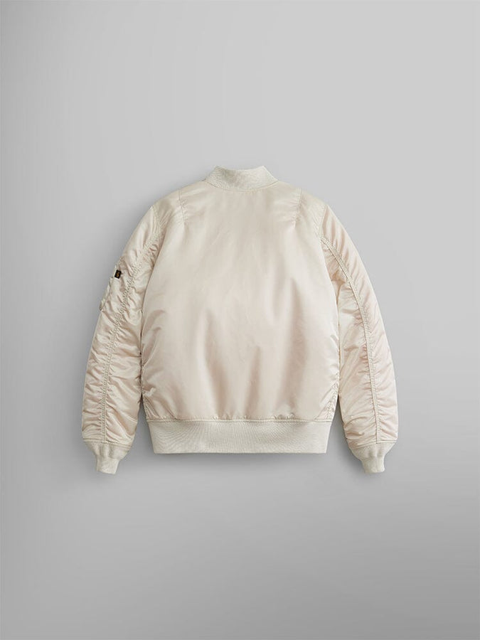 MA-1 Bomber Jacket W by Alpha Industries, cream, ribbed cuffs, collar, and hem.