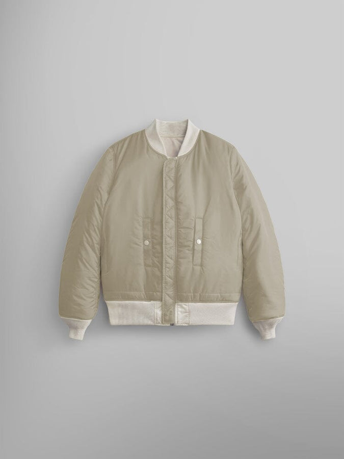Alpha Industries MA-1 Bomber Jacket W, light beige quilted flight jacket with white ribbed cuffs, collar, and waistband.