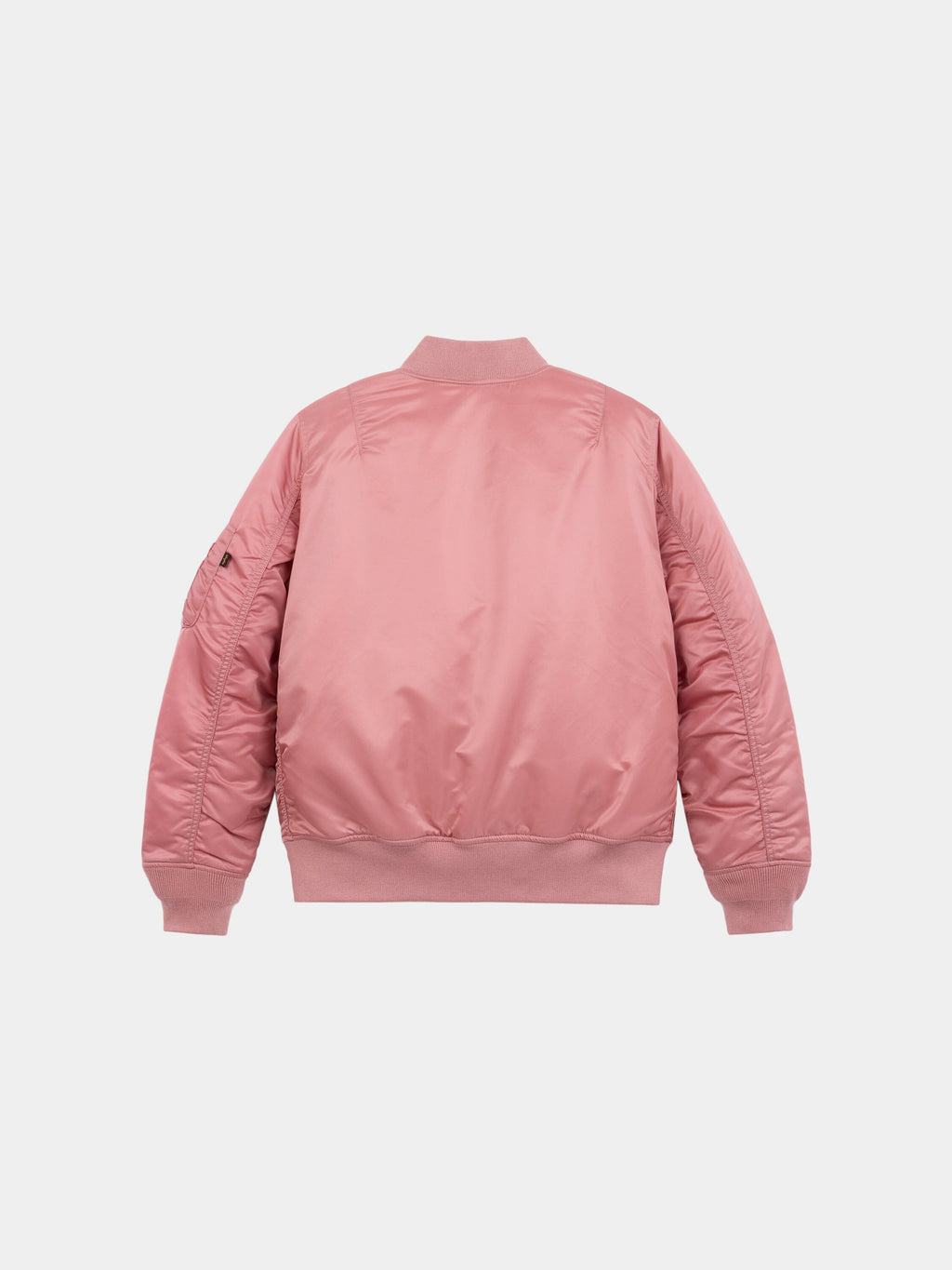 Alpha Industries MA-1 Bomber Jacket Womens in pink with ribbed cuffs, collar, waistband, and zippered sleeve pocket.