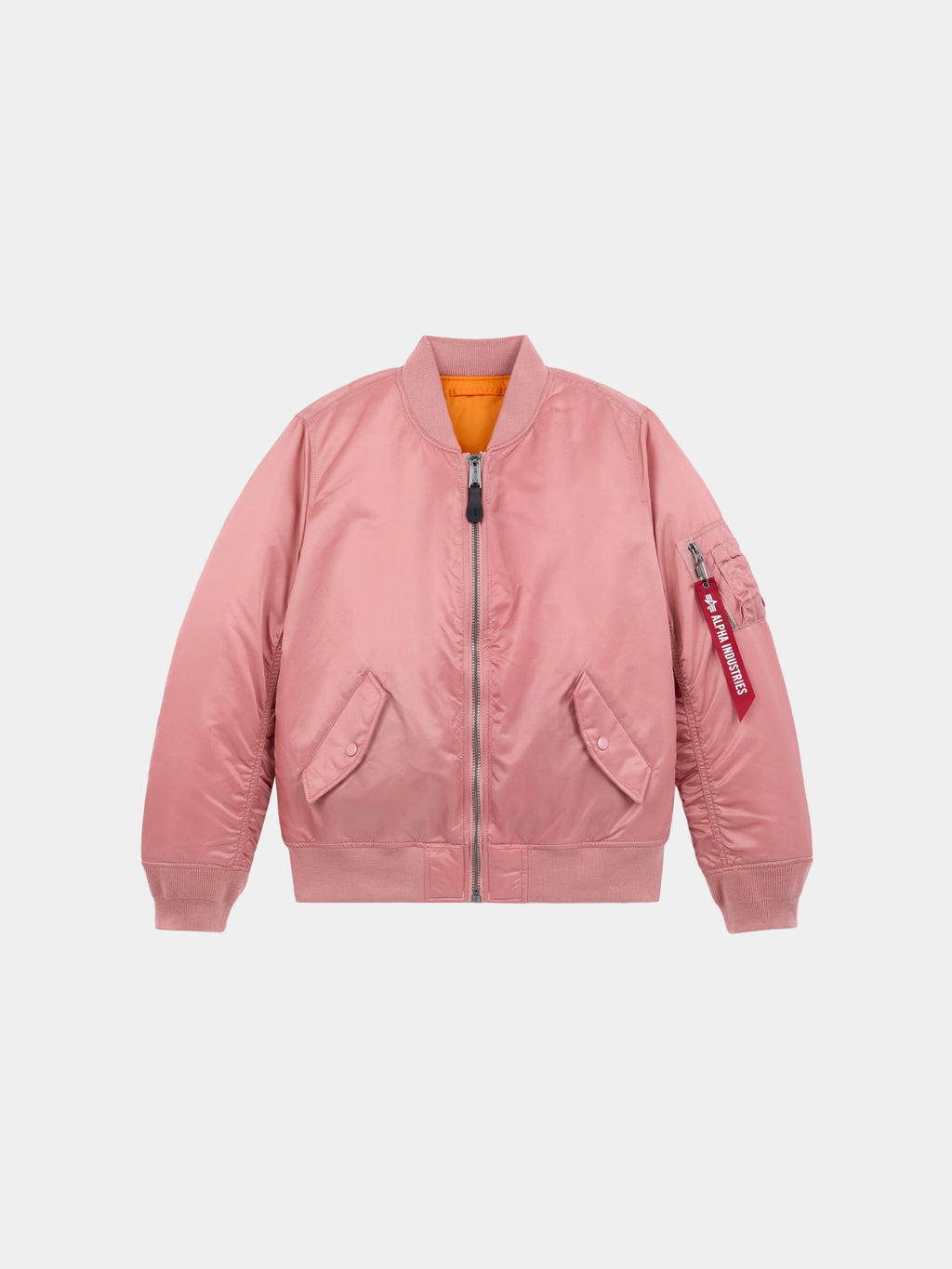 Alpha Industries MA-1 Bomber Jacket Womens in Rose with front zipper, flap pockets, ribbed cuffs and hem, orange lining, sleeve pocket.