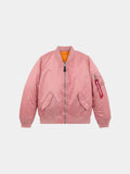 Alpha Industries MA-1 Bomber Jacket Womens in Rose with front zipper, flap pockets, ribbed cuffs and hem, orange lining, sleeve pocket.