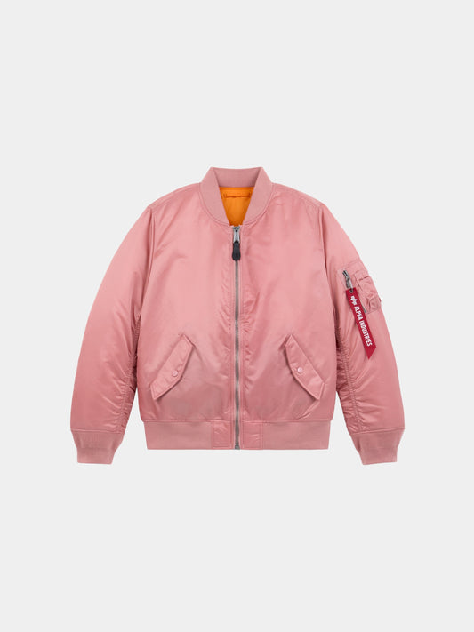 Alpha Industries MA-1 Bomber Jacket Womens in Rose with front zipper, flap pockets, ribbed cuffs and hem, orange lining, sleeve pocket.